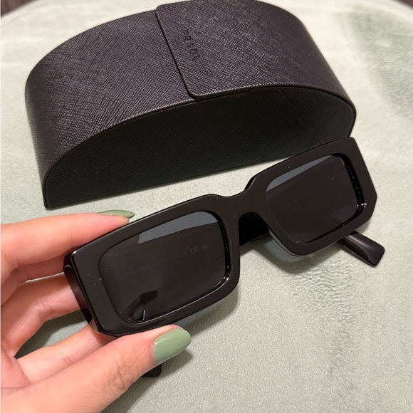 Prada Glossy Black Logo Rectangular Sunglasses - Picture 9 of 10
